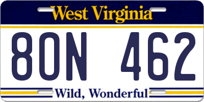 WV license plate 8ON462