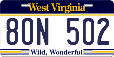 WV license plate 8ON502