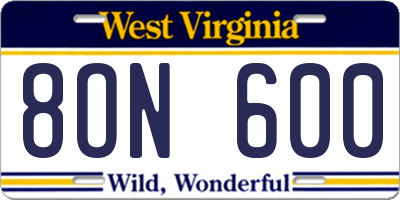 WV license plate 8ON600