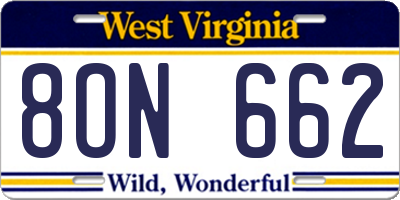 WV license plate 8ON662