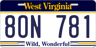 WV license plate 8ON781