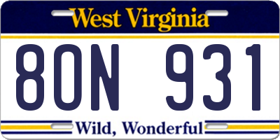 WV license plate 8ON931