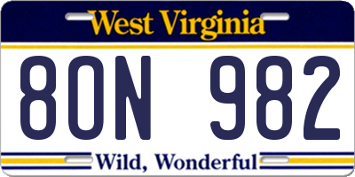 WV license plate 8ON982