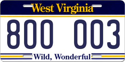 WV license plate 8OO003