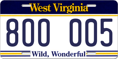 WV license plate 8OO005