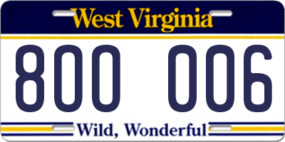 WV license plate 8OO006