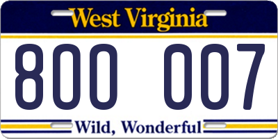 WV license plate 8OO007