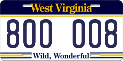 WV license plate 8OO008