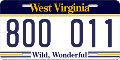 WV license plate 8OO011