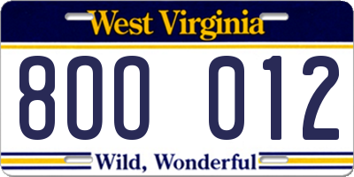 WV license plate 8OO012