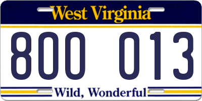 WV license plate 8OO013