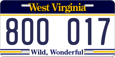 WV license plate 8OO017