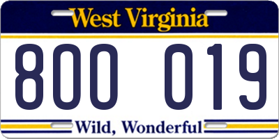 WV license plate 8OO019
