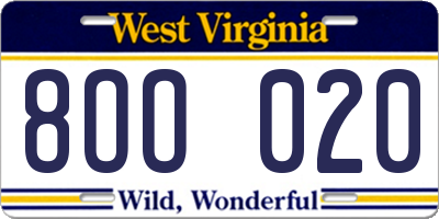 WV license plate 8OO020