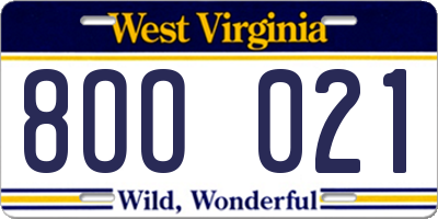 WV license plate 8OO021