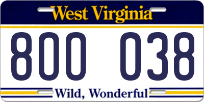 WV license plate 8OO038