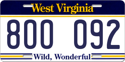 WV license plate 8OO092
