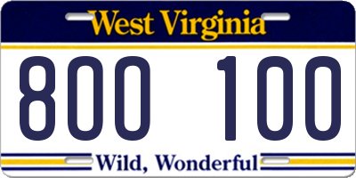 WV license plate 8OO100