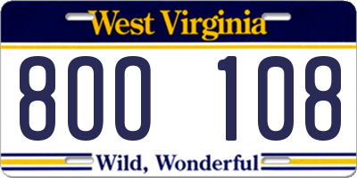 WV license plate 8OO108