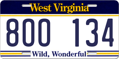 WV license plate 8OO134