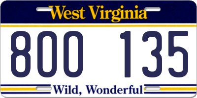 WV license plate 8OO135