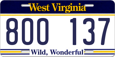 WV license plate 8OO137