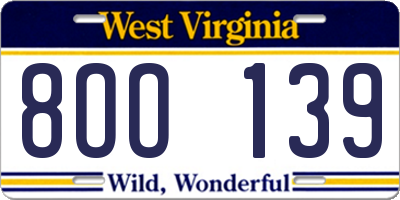 WV license plate 8OO139