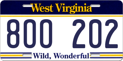 WV license plate 8OO202