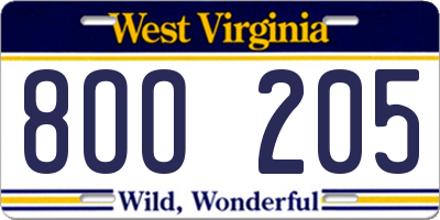 WV license plate 8OO205