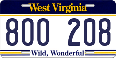 WV license plate 8OO208