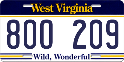 WV license plate 8OO209