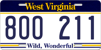 WV license plate 8OO211