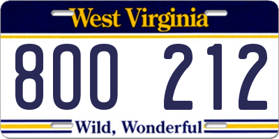 WV license plate 8OO212
