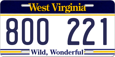 WV license plate 8OO221