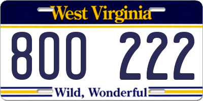 WV license plate 8OO222