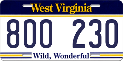 WV license plate 8OO230