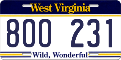 WV license plate 8OO231