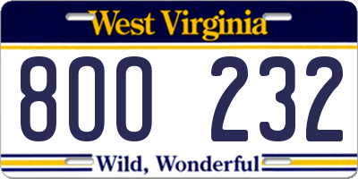 WV license plate 8OO232