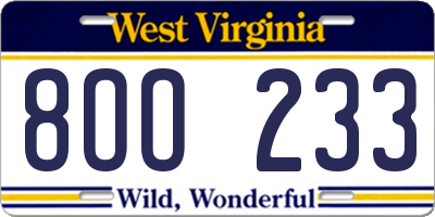 WV license plate 8OO233
