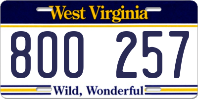 WV license plate 8OO257