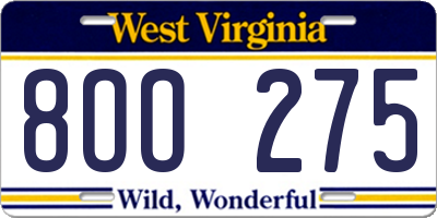 WV license plate 8OO275