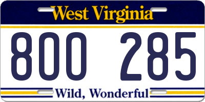WV license plate 8OO285
