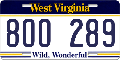 WV license plate 8OO289