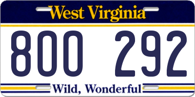 WV license plate 8OO292