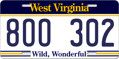 WV license plate 8OO302