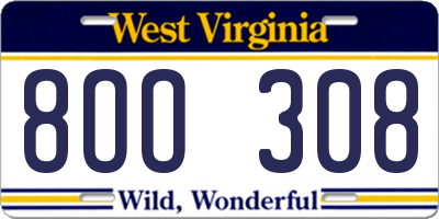 WV license plate 8OO308