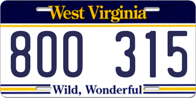 WV license plate 8OO315