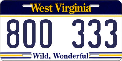 WV license plate 8OO333