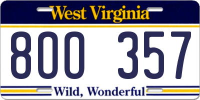 WV license plate 8OO357