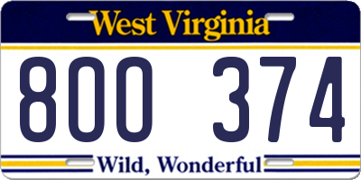 WV license plate 8OO374